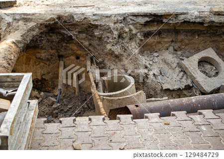 Excavated trench for repair and construction of storm drains and sewer system Excavated trench for repair and construction of storm drains and sewer system 129484729