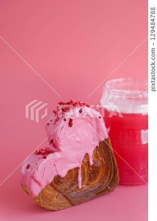 Pink drink Matcha beverage dragon fruit powder superfood greeting card Delicious fresh croissant topped with colorful flavor Ganache. Creation unique heart shape bakery. Puff pastry holiday love gift 129484788