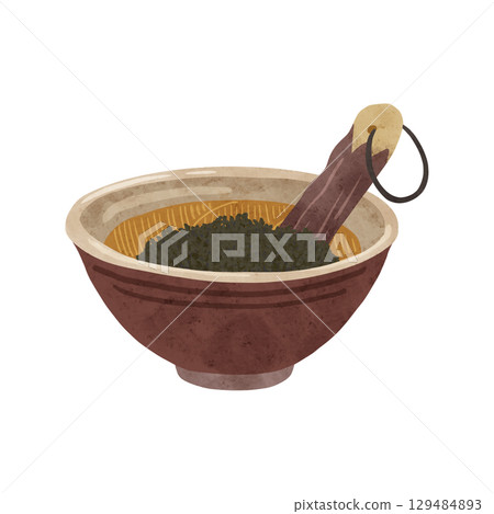 研缽和研杵，配碎黑芝麻。水彩手繪插圖 129484893