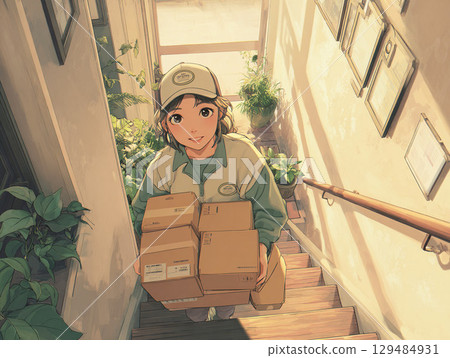 Delivery person carrying luggage up stairs, woman, delivery service 129484931