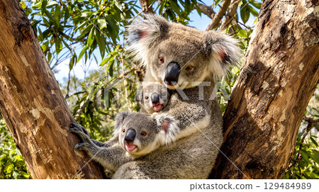 A mother koala safely carries her baby koala on her back as it rests on the branch of a eucalyptus tree 129484989