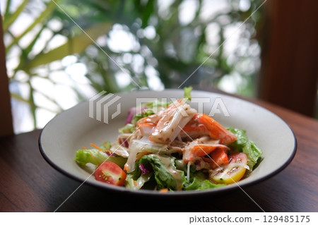 shrimp meat sauce appetizing pokeball food delivery to home Asia Japanese food very tasty use chopsticks egg red fish healthy food 129485175