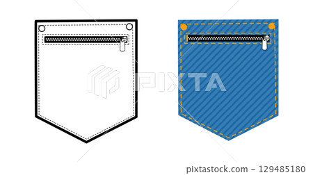 Patch Pockets with Zipper Angled Jeans Top-stitched Jeans technical fashion illustration. Flat apparel line template 129485180