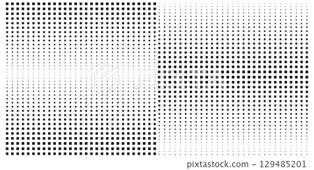 Pattern with black repeated square shapes on white background. Wallpaper with halftone gradient faded effect. Abstract geometric dotted print. Vector graphic illustration 129485201