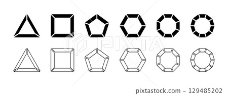 Geometric frames divided into equal parts isolated on white background. Triangle, square and pentagon, hexagon, octagon and decagon shapes with separated borders. Vector graphic illustration Geometric frames divided into equal parts isolated on white background. Triangle, square and pentagon, hexagon, octagon and decagon shapes with separated borders. Vector graphic illustration 129485202
