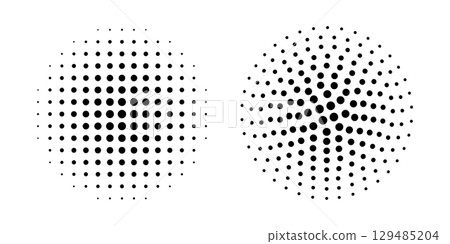 Set of dotted circles with halftone effect. Round shapes with polka dot print isolated on white background. Pop art design. Perforated textures. Vector graphic illustration Set of dotted circles with halftone effect. Round shapes with polka dot print isolated on white background. Pop art design. Perforated textures. Vector graphic illustration 129485204