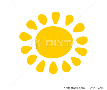 Cute yellow childish sun silhouette isolated on white background. Sunlight or sunbeam sign. Summer theme symbol. Positive vibes concept. Vector flat illustration Cute yellow childish sun silhouette isolated on white background. Sunlight or sunbeam sign. Summer theme symbol. Positive vibes concept. Vector flat illustration 129485206