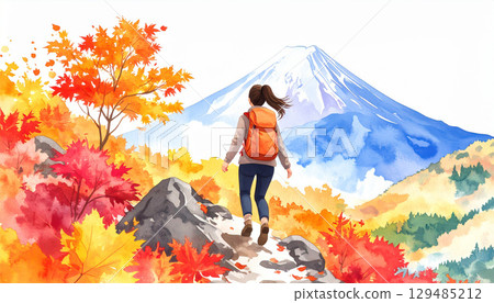 一位日本女子在秋天爬紅葉山。水彩風格 129485212