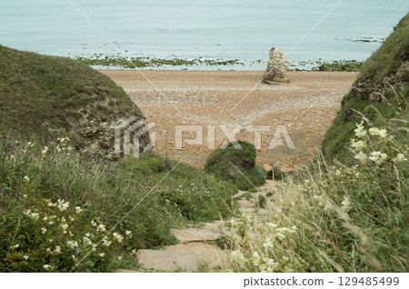 Nose's point beach and cliffs view . English Channel coast of northern England. Hartlepool, UK.  129485499
