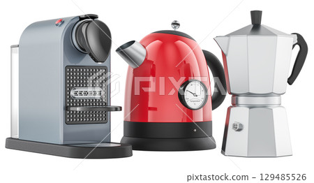 Capsule coffee machine, red electric kettle with thermometer and silver moka pot. 3D rendering 129485526
