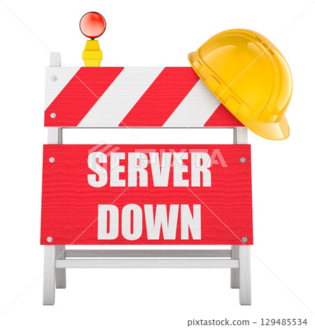 Server Down road barrier, construction sign with hard hat. 3D rendering Server Down road barrier, construction sign with hard hat. 3D rendering 129485534