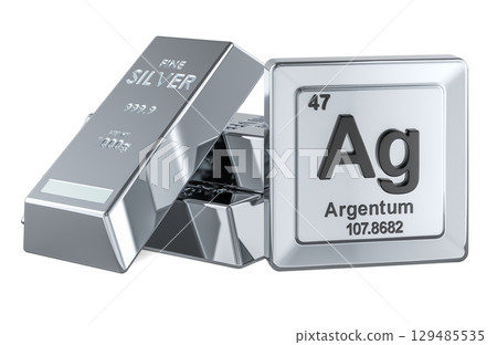 Silver bars with periodic table element Ag. 3D rendering Silver bars with periodic table element Ag. 3D rendering 129485535