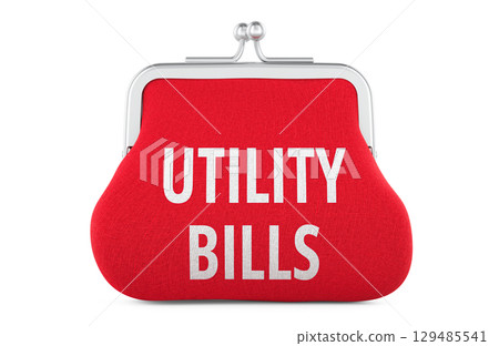Utility Bills, coin purse with text. 3D rendering Utility Bills, coin purse with text. 3D rendering 129485541