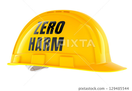 Zero Harm, yellow construction helmet with inscription. 3D rendering 129485544