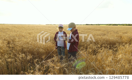 boy girl standing wheat field, examining wheat closely, boy holding digital tablet, girl holding handful wheat, children dressed casual farm-style clothing, modern technology being used agriculture. boy girl standing wheat field, examining wheat closely, boy holding digital tablet, girl holding handful wheat, children dressed casual farm-style clothing, modern technology being used agriculture. 129485778