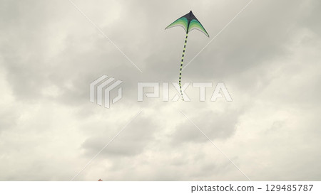 Green kite in the clouds, Unchained delight, Whispering wind, Open possibilities, Far and free, Skyline beauty, Simplicity flies, Adventure above, Daydream in the sky, Kite story 129485787
