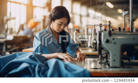 Dedicated Seamstress at Work in Textile Manufacturing. Generative ai 129485934