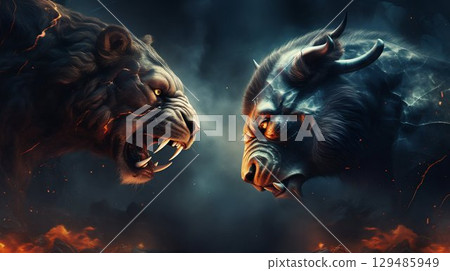 Bear and Bull Face-Off in Urban Financial Market Metaphor. Generative ai 129485949