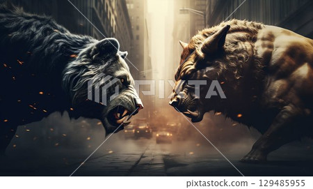 Bear and Bull Face-Off in Urban Financial Market Metaphor. Generative ai 129485955