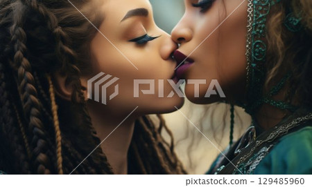 Passionate Kiss Between Diverse LGBT Women. Generative ai 129485960