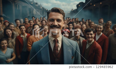 Man Leading Smiling Group in Front of Camera. Generative ai Man Leading Smiling Group in Front of Camera. Generative ai 129485962