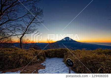 Mt. Fuji near dawn seen from Asagiri Plateau/Amagatake 129486008