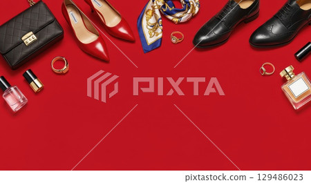 Colorful background image with fashion shoes, bags and accessories 129486023