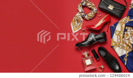 Colorful background image with fashion shoes, bags and accessories 129486024