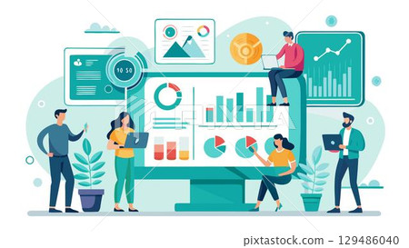 Illustration of a diverse team analyzing data on a large computer Illustration of a diverse team analyzing data on a large computer 129486040
