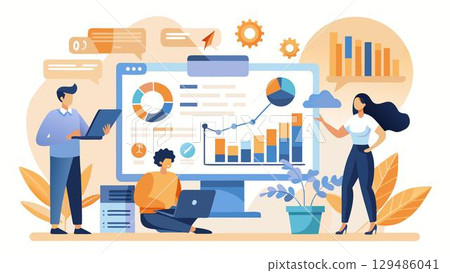 The image shows a team working on data analysis and The image shows a team working on data analysis and 129486041