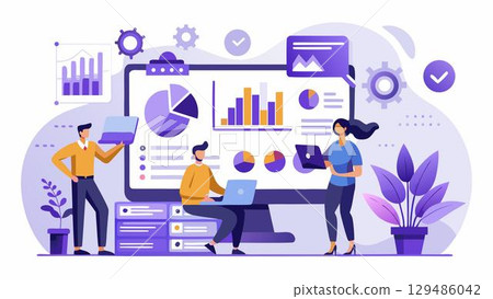 The image shows three stylized people working with charts and data on a computer The image shows three stylized people working with charts and data on a computer 129486042