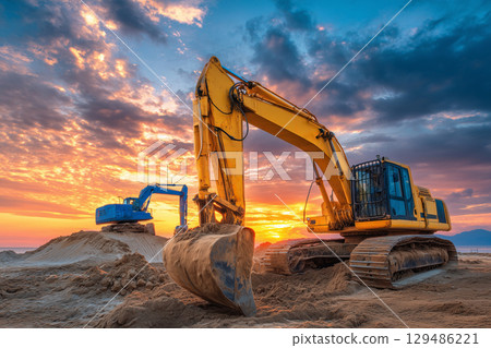 Two excavators shaping the terrain beneath a bright horizon 129486221