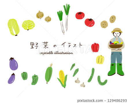 Hand-drawn illustration of a male farmer with vegetables in the field Hand-drawn illustration of a male farmer with vegetables in the field 129486293