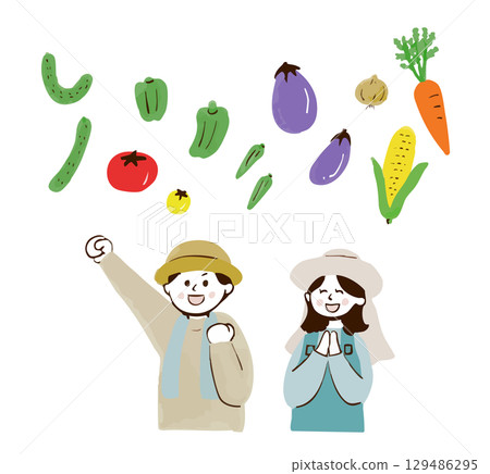 手繪插圖的男性和女性農民與蔬菜 手繪插圖的男性和女性農民與蔬菜 129486295