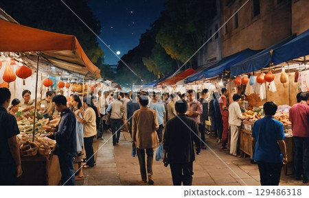 人們在夜間行走在城市 129486318
