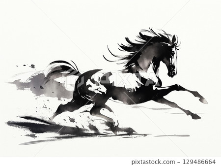 一幅描繪了駿馬奔騰的墨繪。新年賀卡材料。 129486664