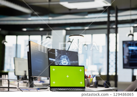 Green screen laptop on AI startup office desk displaying artificial intelligence programming languages code. Chroma key notebook used for AI machine learning testing and quality assurance Green screen laptop on AI startup office desk displaying artificial intelligence programming languages code. Chroma key notebook used for AI machine learning testing and quality assurance 129486865