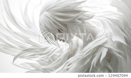 Ethereal Figure with White Feathers and Graceful Wings in Soft Light 129487094