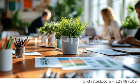 Modern Workspace with Green Plants and Creative Project Materials Modern Workspace with Green Plants and Creative Project Materials 129487109