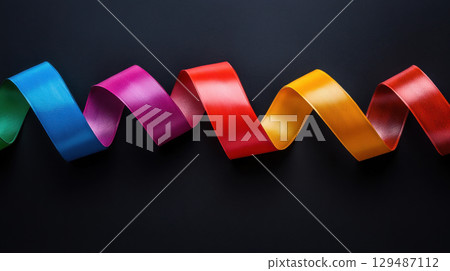 Vibrant Colorful Ribbons in Wavy Pattern on Dark Background Vibrant Colorful Ribbons in Wavy Pattern on Dark Background 129487112