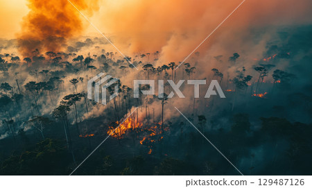 Aerial View of Forest Fire Amid Dense Smoke and Burning Trees 129487126