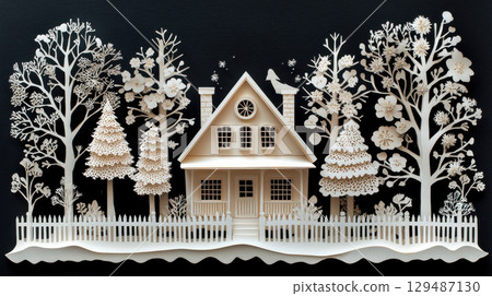 Intricate Paper Art of House Surrounded by Nature and Trees 129487130