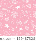 Hand drawn nautical pattern in pink. Shells, bubbles, starfish, pearls in a repeating seamless pattern with sea life. 129487328
