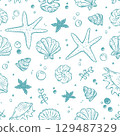 Hand drawn nautical pattern in turquoise. Shells, bubbles, starfish, pearls in a repeating seamless pattern with sea life. 129487329