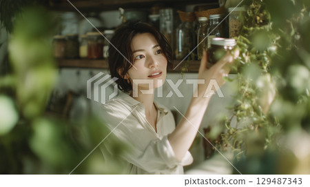 A woman examining seasonings in the kitchen 129487343