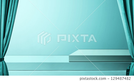 Minimalist stage display interior with a podium and fabric curtain in a turquoise background. Product presentation, mockup, copy space, and template 129487482