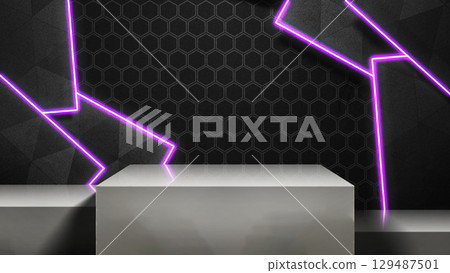 Minimalist stage or podium display with pink light and black hexagon pattern background. Product presentation, mockup, copy space, and template Minimalist stage or podium display with pink light and black hexagon pattern background. Product presentation, mockup, copy space, and template 129487501