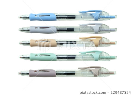 Row of colorful pens isolated over a white background. Concept of stationery 129487534