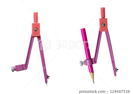 Set of pink compass divider with a pencil attachment isolated over a white background. Used for precise drawing, geometry, and educational purposes. Concept of stationery 129487536