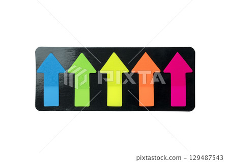 Set of colorful arrow sticky notes isolated over a white background. Mockup or Copy space. Concept of stationery 129487543